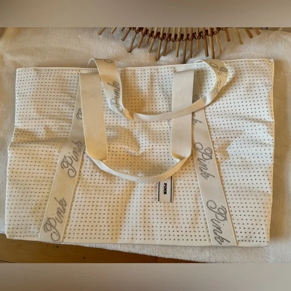 PINK Victoria's Secret Cream sparkle Canvas Tote with Branded Straps - Picture 11 of 11